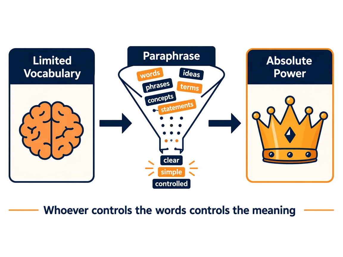 The chain from limited vocabulary through paraphrase to absolute power over interpretation