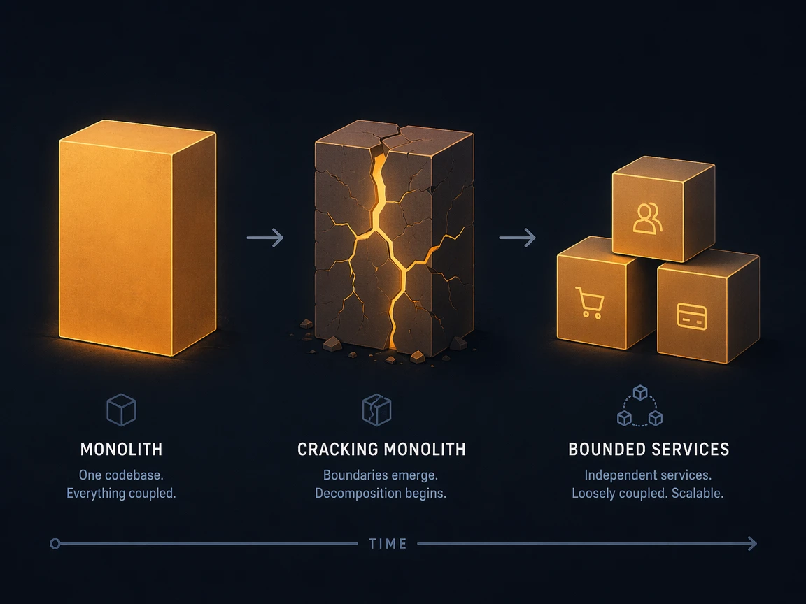 A monolith evolving into bounded services over time
