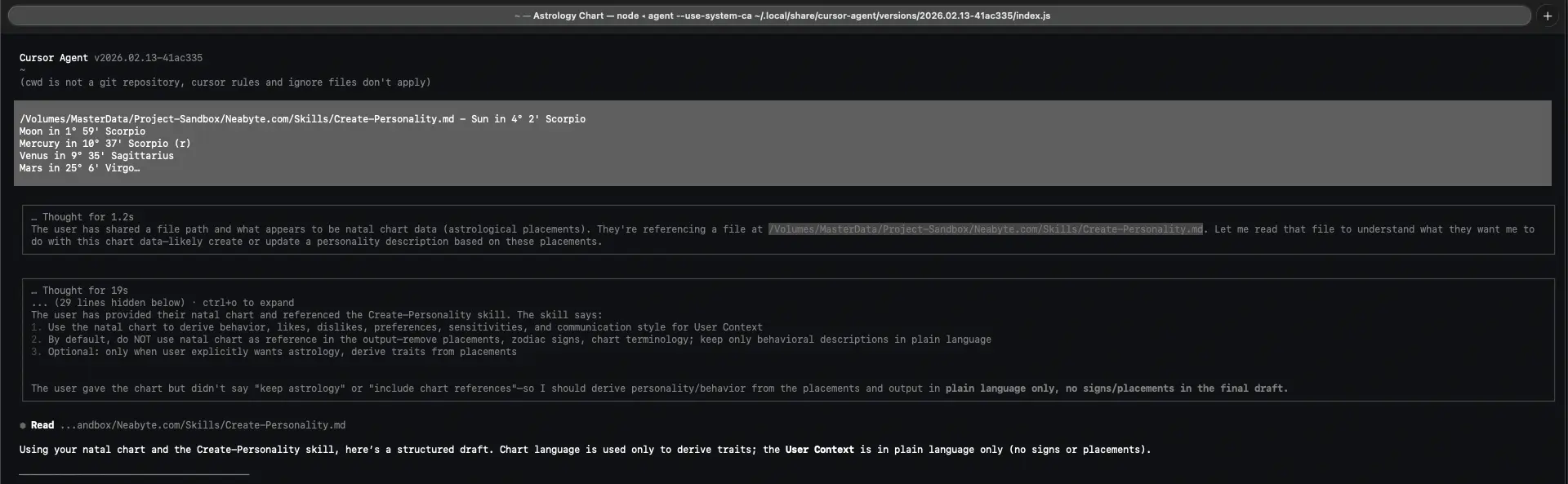 Terminal example - pointing the AI to the create-personality file and attaching the natal chart for analysis