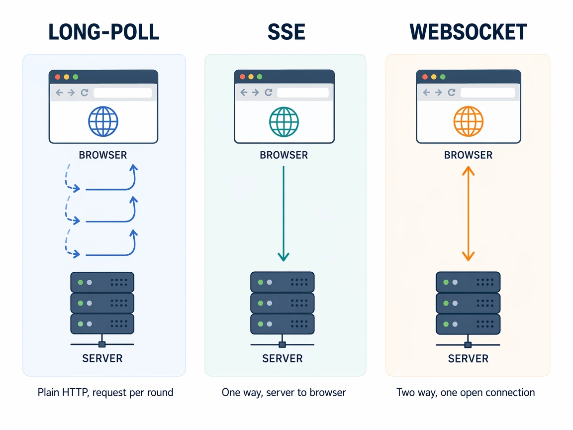 Long-poll, server-sent events, and websocket compared side by side by direction and connection style