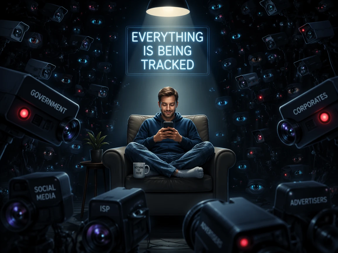 A calm person scrolling a phone in a spotlight while a sea of glowing camera lenses watches from the dark
