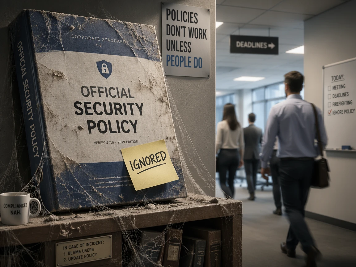 A dusty cobwebbed security policy binder with an IGNORED sticky note while workers walk past without a glance
