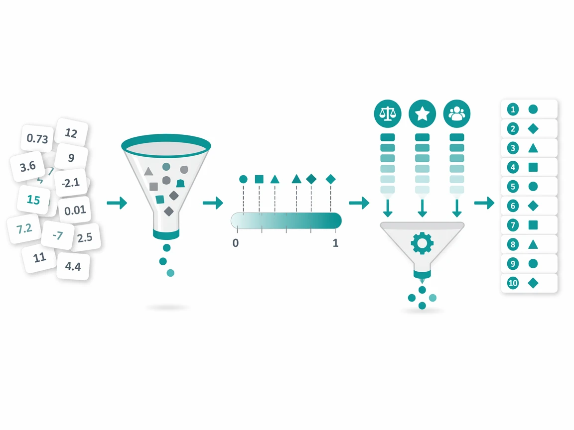 A pipeline turning raw fundamentals through a filter gate and normalization into one ranked list