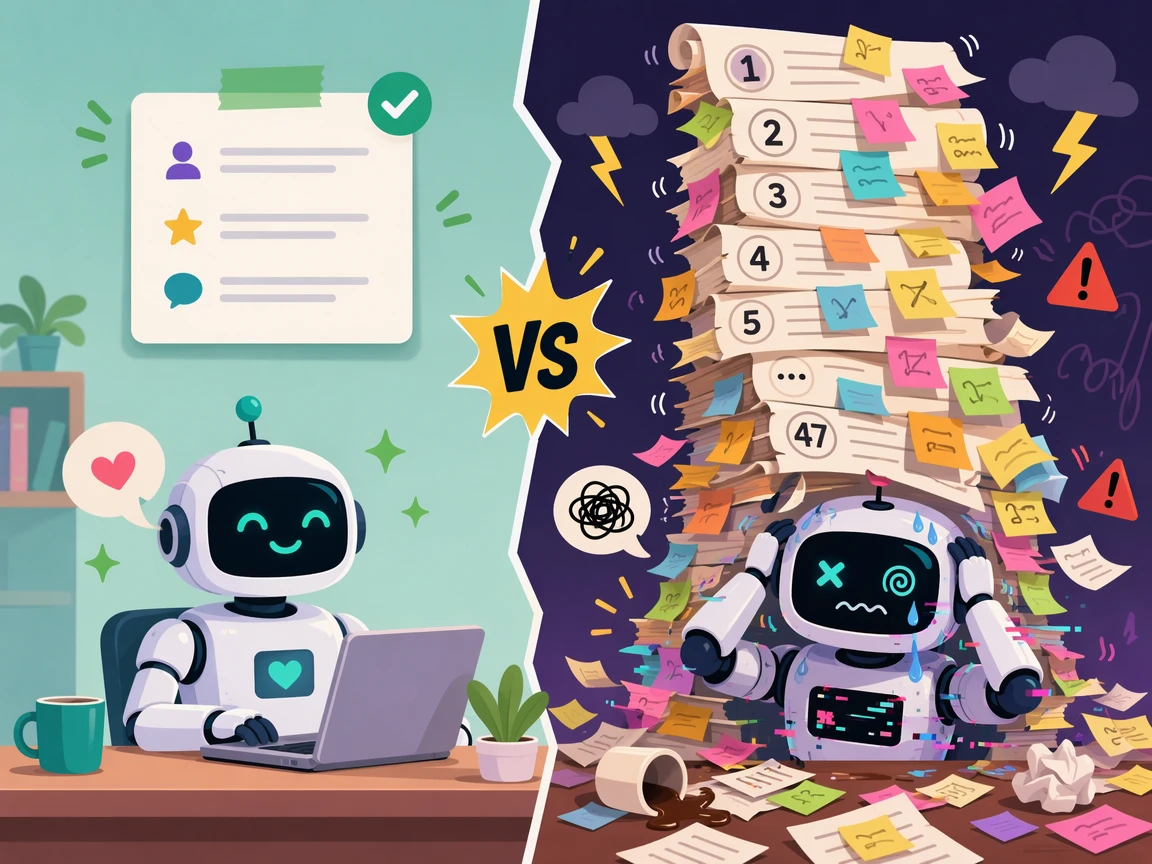 A tidy prompt keeps a calm robot while a towering stack of rules overwhelms a stressed one