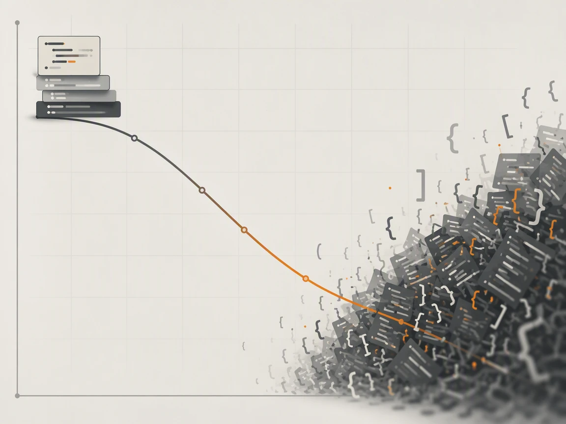 Code readability falling as a generated codebase grows from a few hundred lines toward fifteen thousand