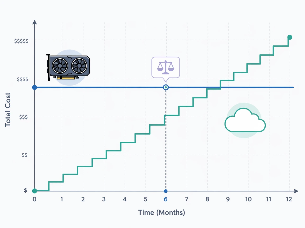 Break-even line where owned hardware overtakes monthly cloud rent