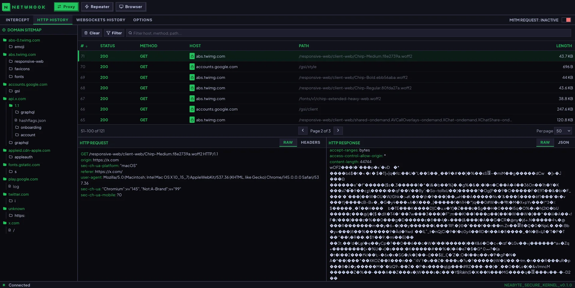 Proxy history table with request and response inspection panels