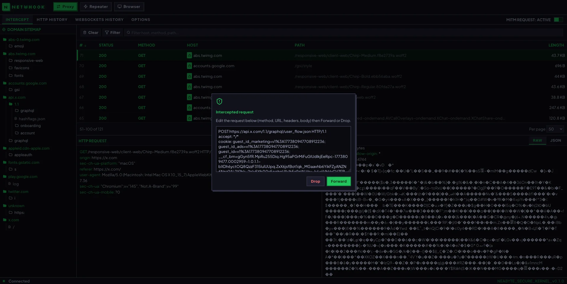 Intercept modal pausing a request for editing before forward or drop