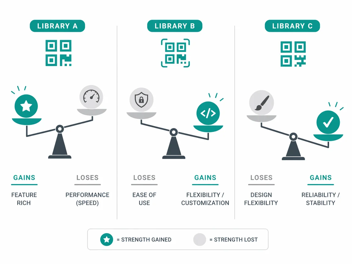 Three QR libraries side by side, each trading one strength for a missing piece