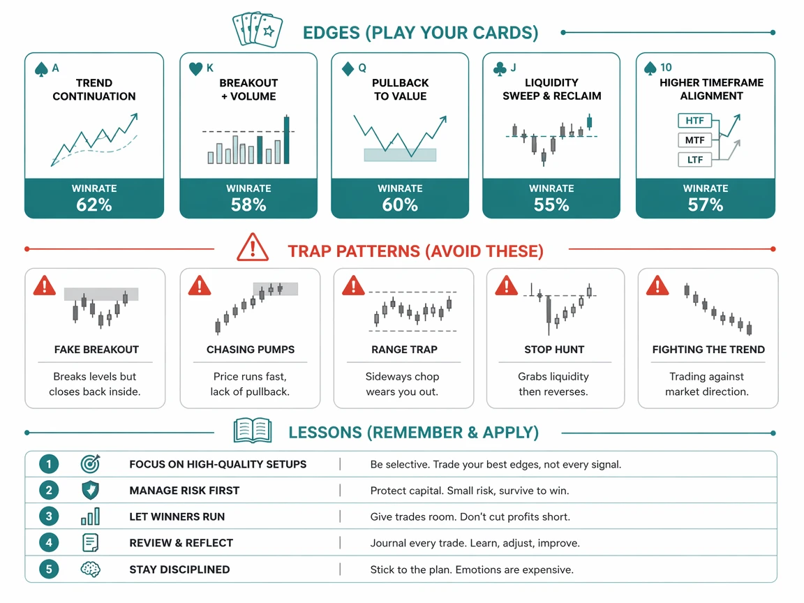 Edges and traps extracted from session data with winrates and direction