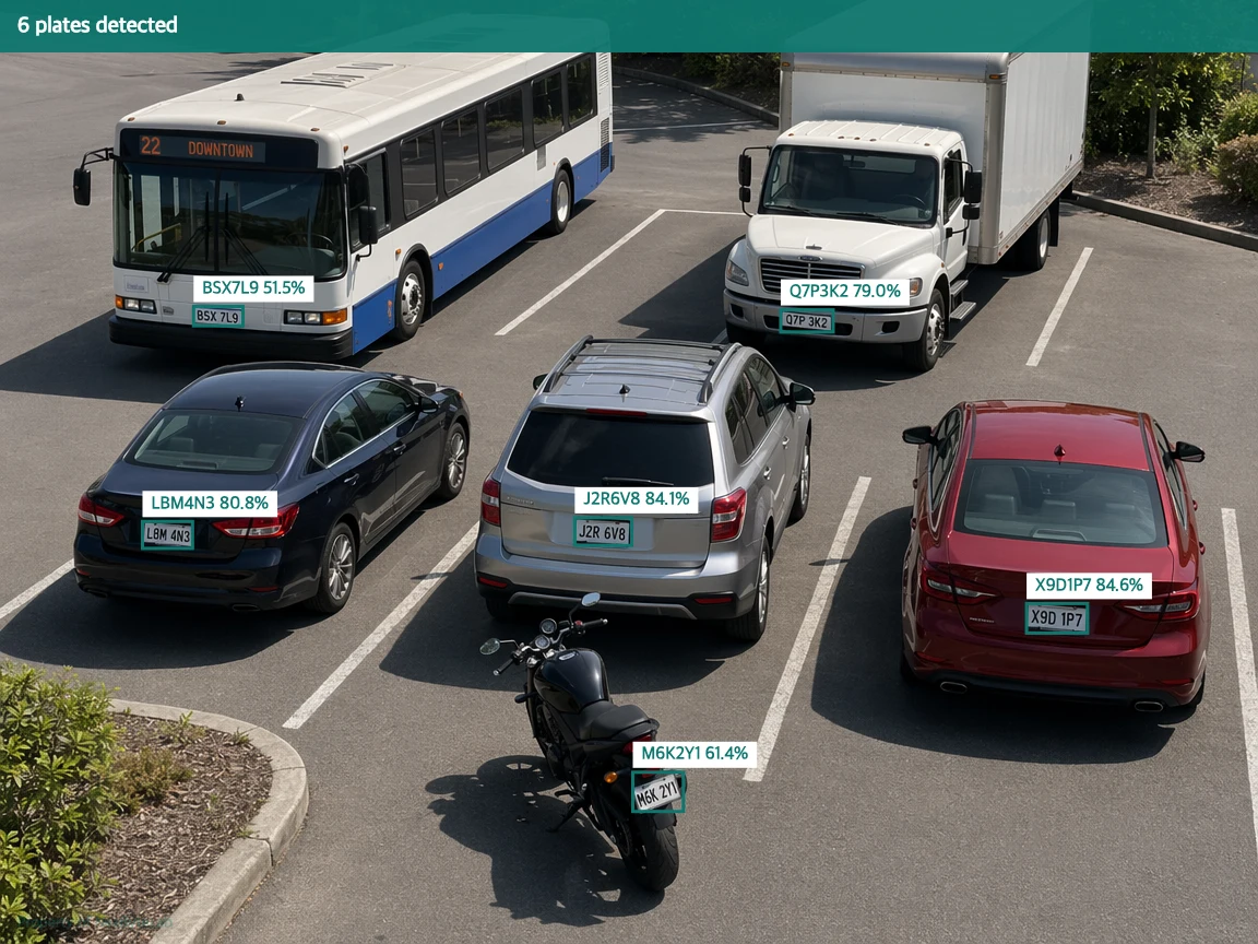 Same photo with six plate boxes and per plate labels rendered by the pipeline