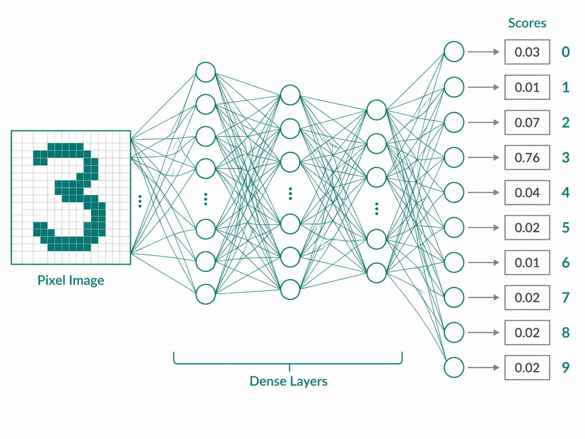 A small dense network turning pixel rows into ten class scores during a training step