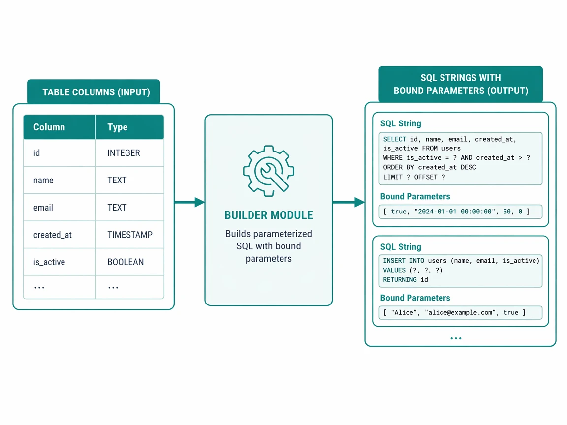 Type-safe query builder compiling schema definitions into parameterized SQL across dialects