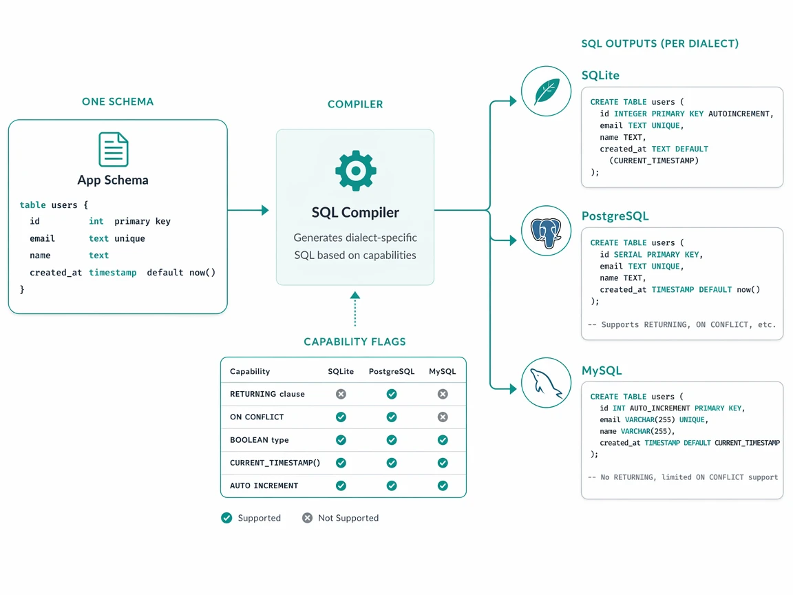 Schema engine feeding a compiler that adjusts SQL per database dialect